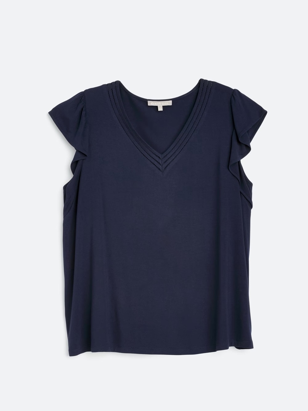 Daniel Rainn Navy V-Neck Short Sleeve Top with Ladder Trim